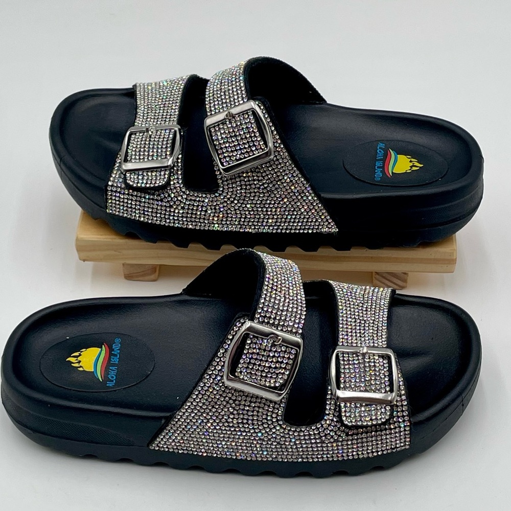 Aloha Island Slides Women 7 Sparkly Embellished Georgia Lug Sole Buckle Strap